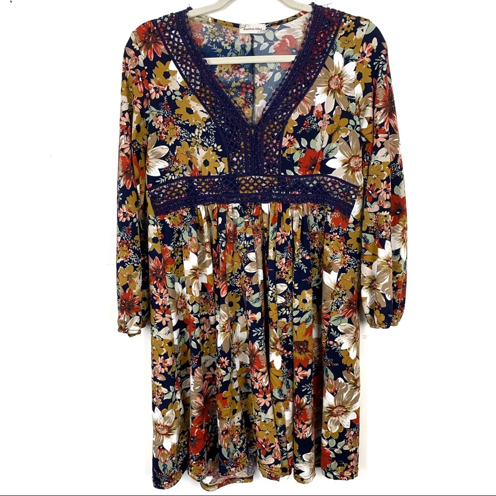 SOUTHERN STITCH Floral V-neck Dress Crochet Detail Size Medium